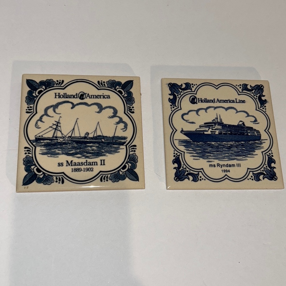 2 Pc HOLLAND AMERICA China Porcelain Drink Coasters Maasdam II Ryndam III